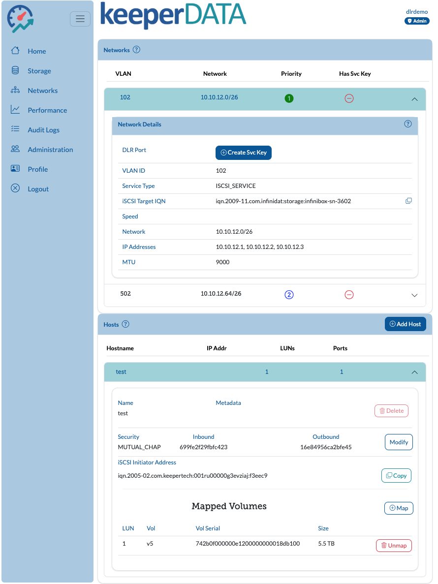 keeperCORE Networking interface showing iSCSI connectivity and network configuration