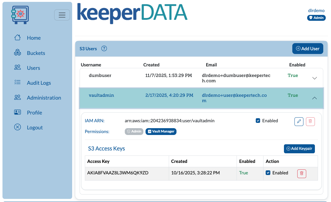 keeperVAULT user management interface showing S3 users, access keys, and permissions